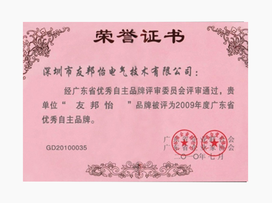 廣東省優秀自主品牌榮譽證書